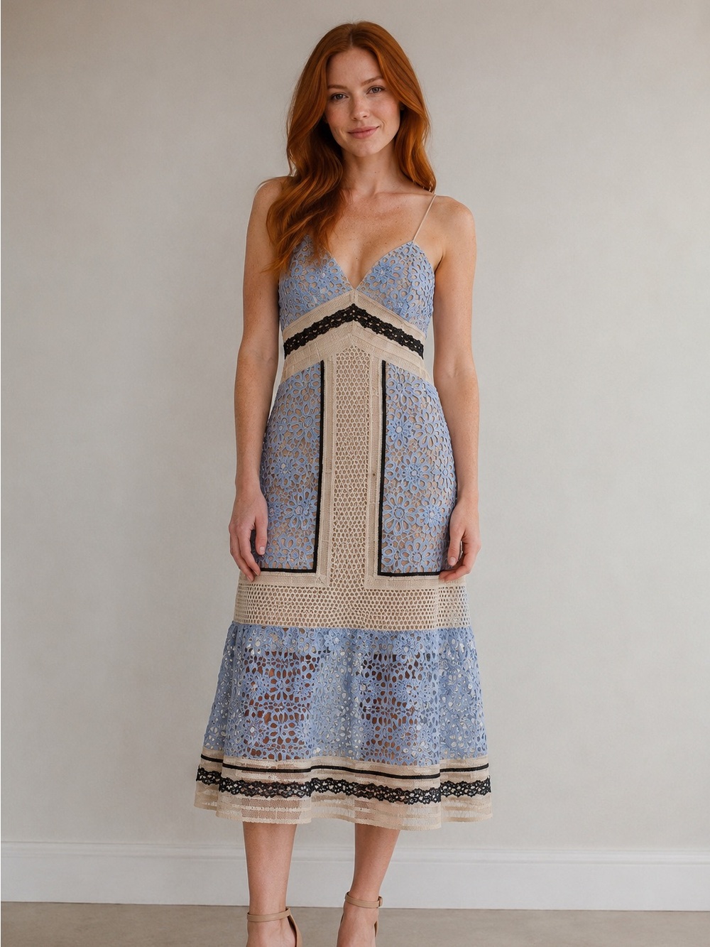 Blue Lace Midi Dress with Contrast Trim